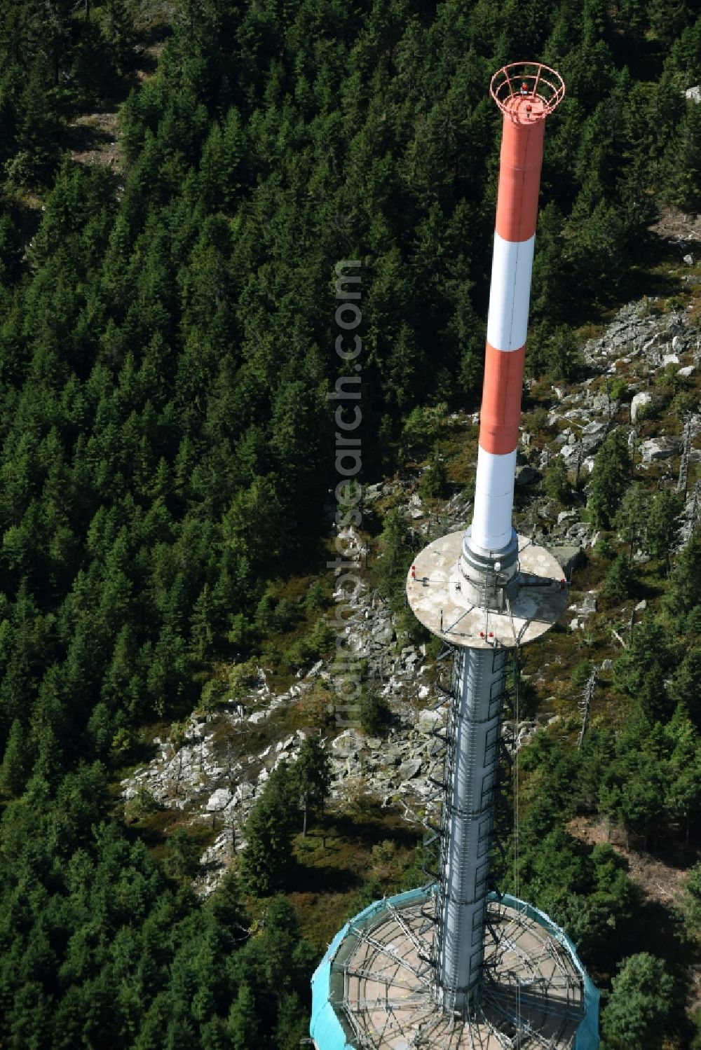 Bischofsgrün from the bird's eye view: Antenna and transmission tower radio mast Sender Ochsenkopf in Bischofsgruen in the state Bavaria