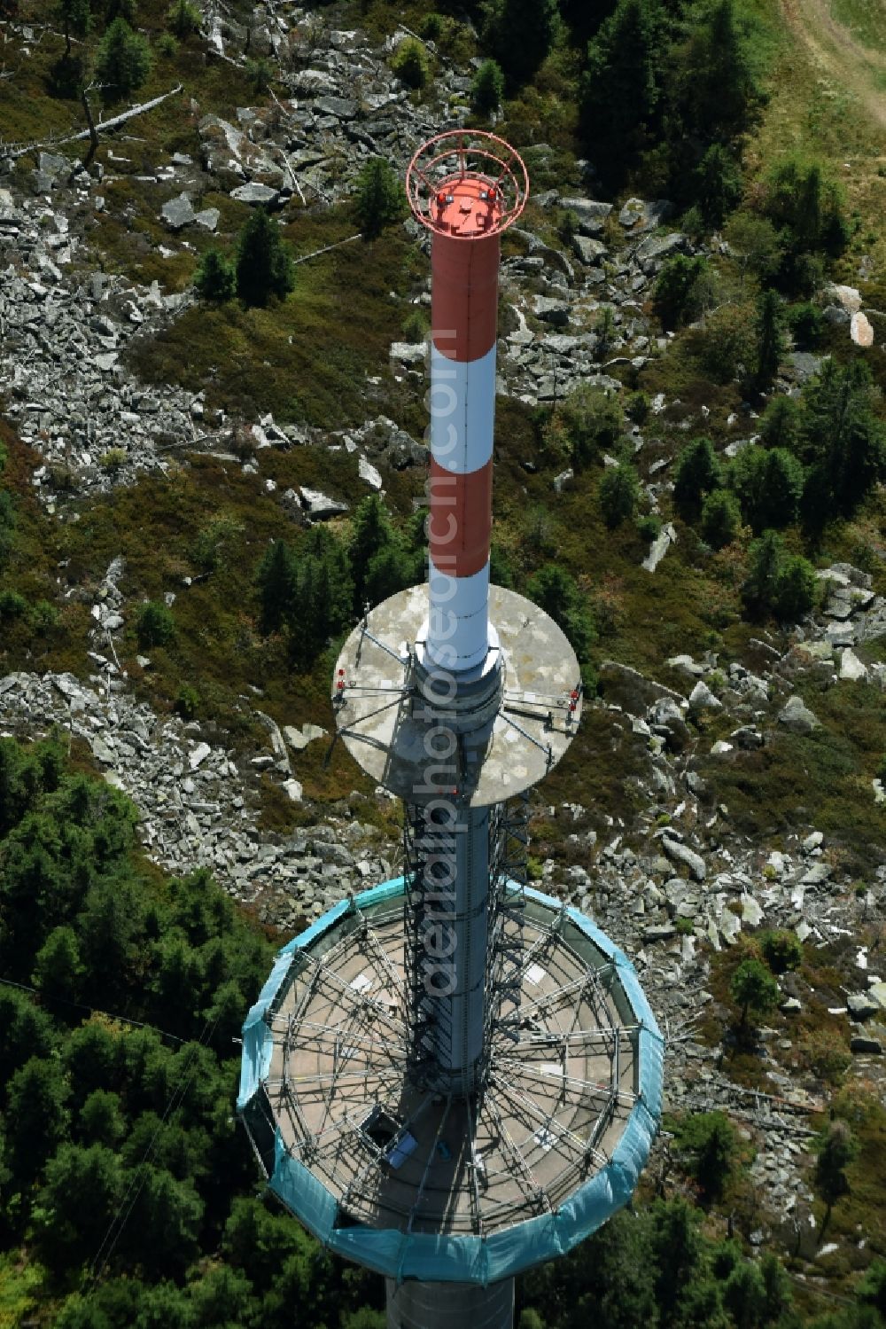 Bischofsgrün from above - Antenna and transmission tower radio mast Sender Ochsenkopf in Bischofsgruen in the state Bavaria