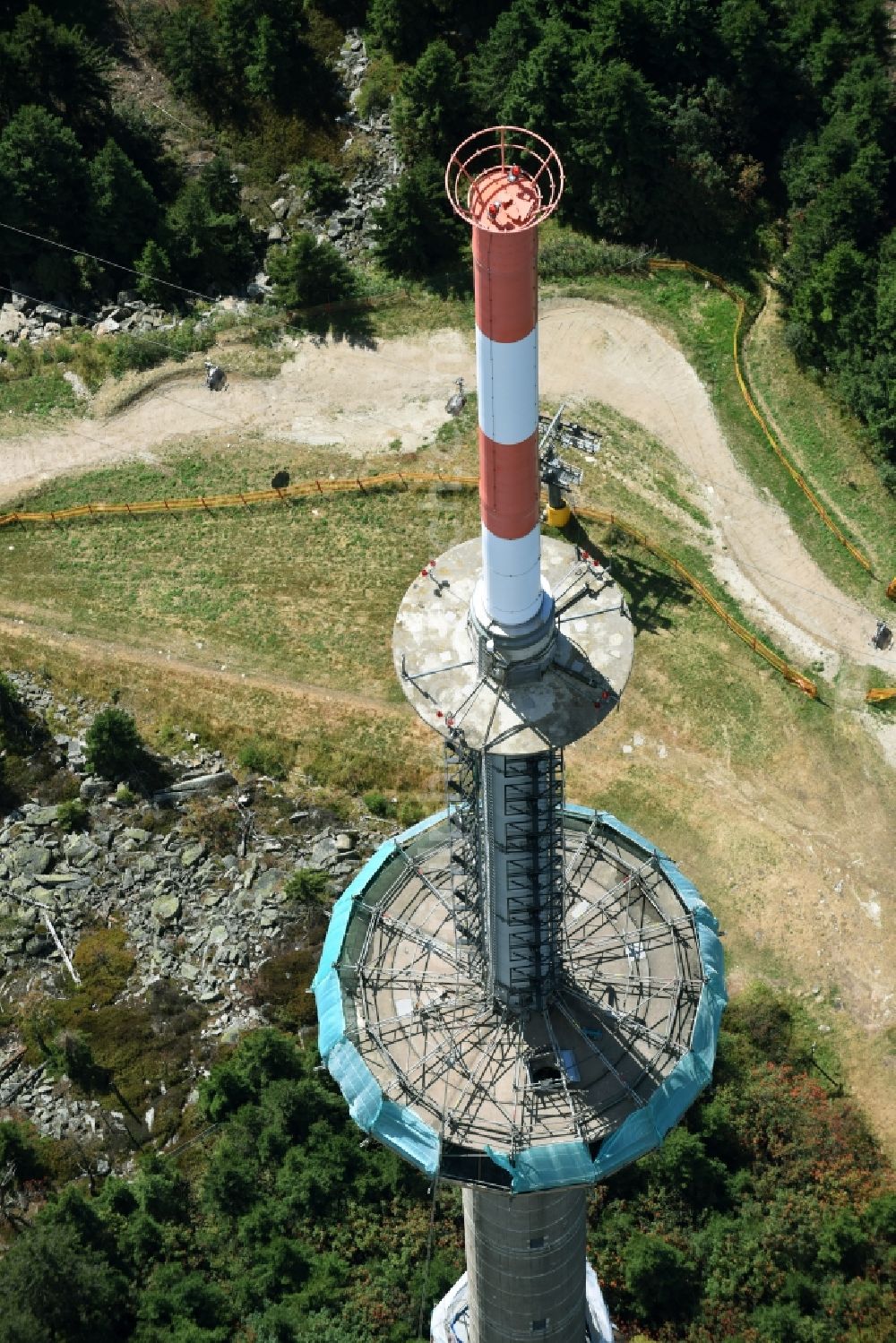 Bischofsgrün from the bird's eye view: Antenna and transmission tower radio mast Sender Ochsenkopf in Bischofsgruen in the state Bavaria