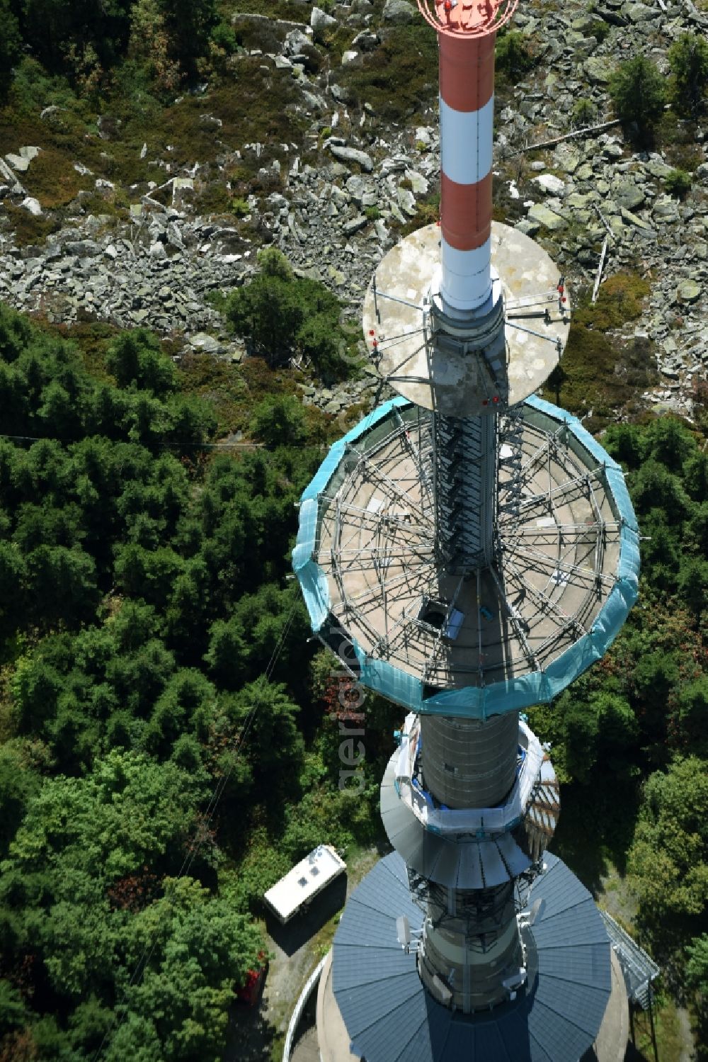 Aerial image Bischofsgrün - Antenna and transmission tower radio mast Sender Ochsenkopf in Bischofsgruen in the state Bavaria