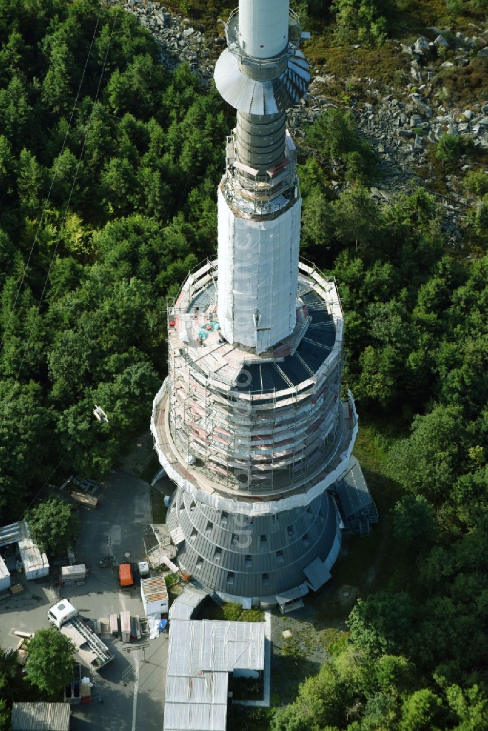 Aerial image Bischofsgrüner Forst - Antenna and transmission tower radio mast Sender Ochsenkopf in Bischofsgruen in the state Bavaria