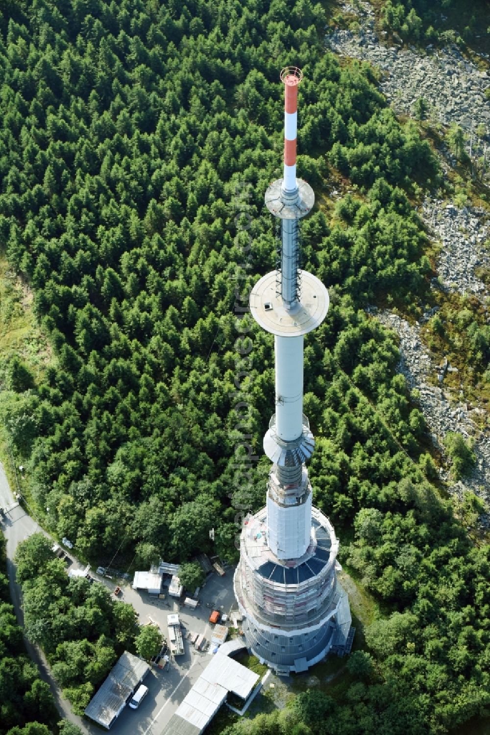 Bischofsgrüner Forst from above - Antenna and transmission tower radio mast Sender Ochsenkopf in Bischofsgruen in the state Bavaria