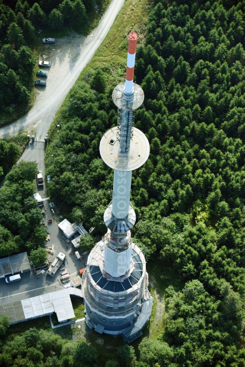 Aerial image Bischofsgrüner Forst - Antenna and transmission tower radio mast Sender Ochsenkopf in Bischofsgruen in the state Bavaria