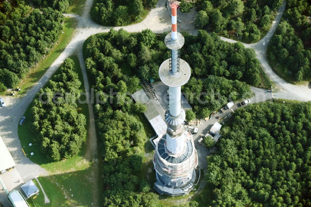 Bischofsgrüner Forst from the bird's eye view: Antenna and transmission tower radio mast Sender Ochsenkopf in Bischofsgruen in the state Bavaria