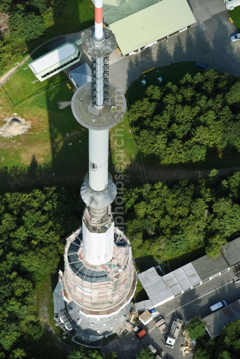 Aerial image Bischofsgrüner Forst - Antenna and transmission tower radio mast Sender Ochsenkopf in Bischofsgruen in the state Bavaria