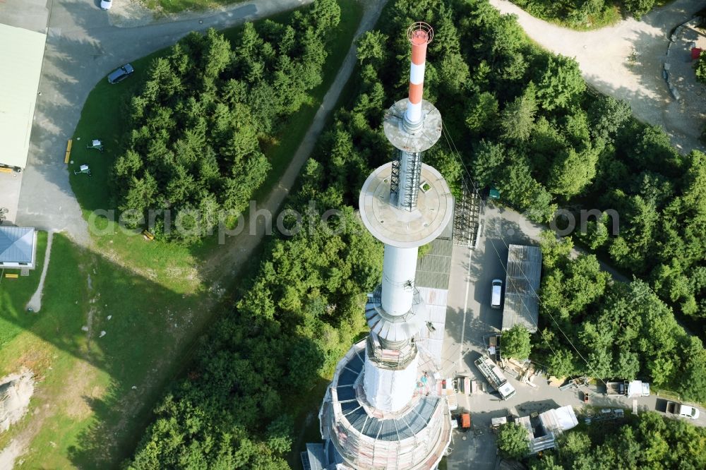 Bischofsgrüner Forst from above - Antenna and transmission tower radio mast Sender Ochsenkopf in Bischofsgruen in the state Bavaria