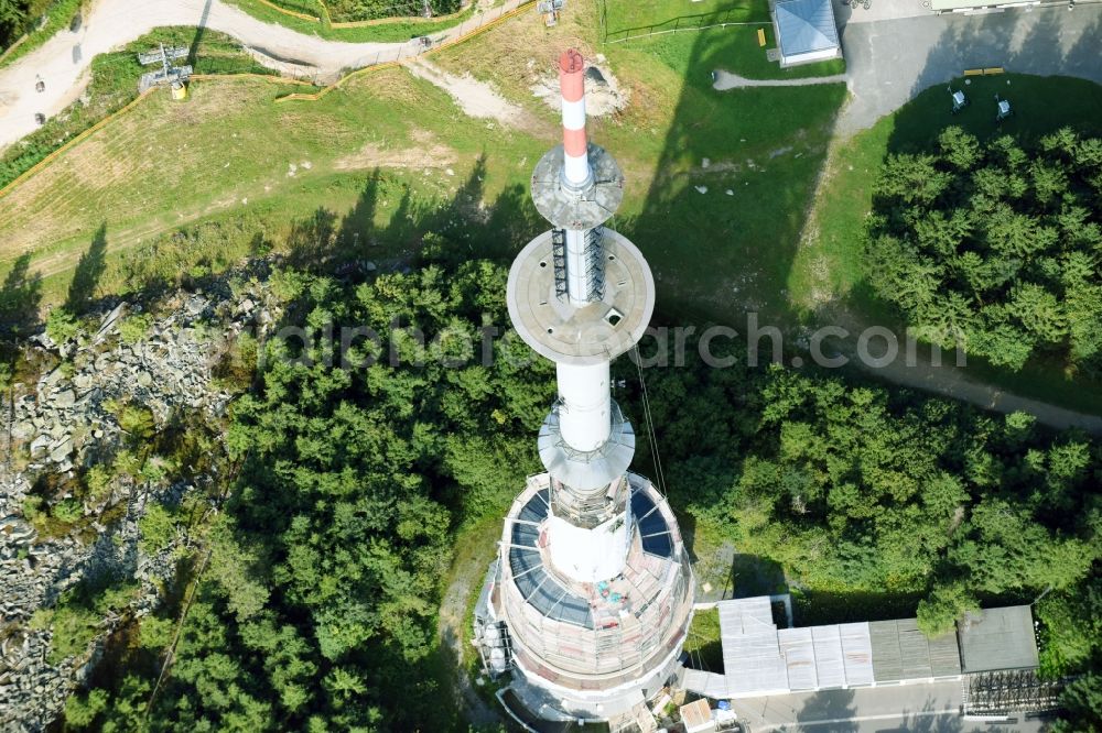 Bischofsgrüner Forst from above - Antenna and transmission tower radio mast Sender Ochsenkopf in Bischofsgruen in the state Bavaria