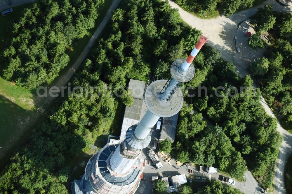 Bischofsgrüner Forst from the bird's eye view: Antenna and transmission tower radio mast Sender Ochsenkopf in Bischofsgruen in the state Bavaria