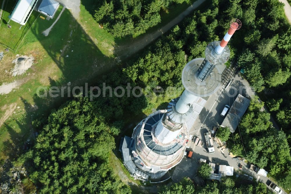 Aerial image Bischofsgrüner Forst - Antenna and transmission tower radio mast Sender Ochsenkopf in Bischofsgruen in the state Bavaria