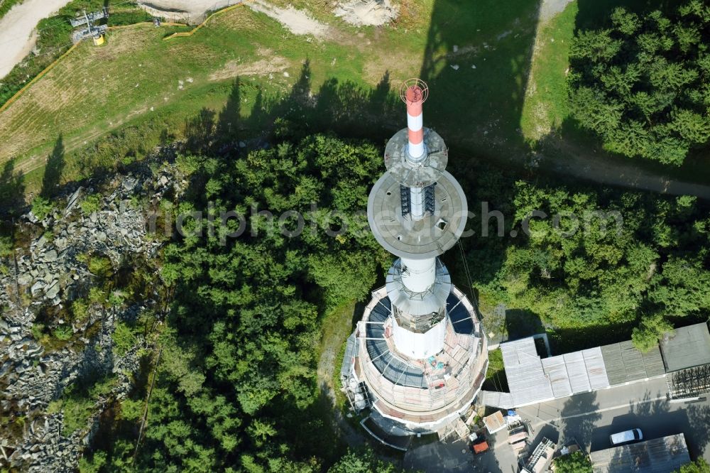 Bischofsgrüner Forst from above - Antenna and transmission tower radio mast Sender Ochsenkopf in Bischofsgruen in the state Bavaria