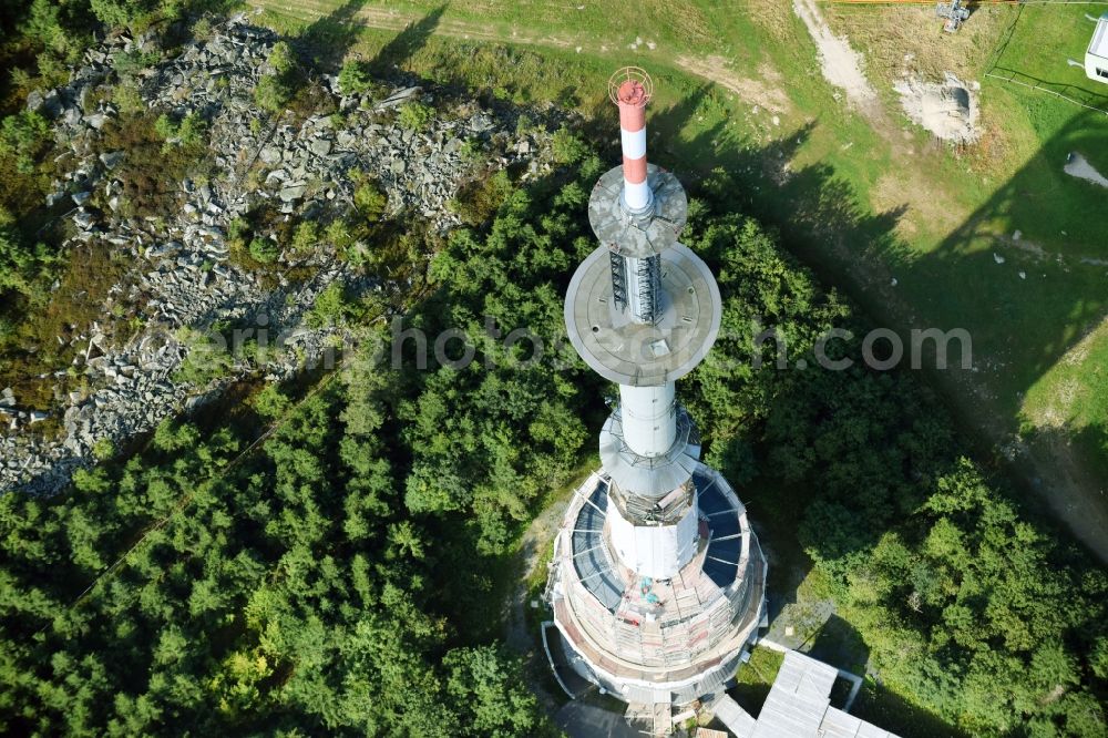 Bischofsgrüner Forst from the bird's eye view: Antenna and transmission tower radio mast Sender Ochsenkopf in Bischofsgruen in the state Bavaria