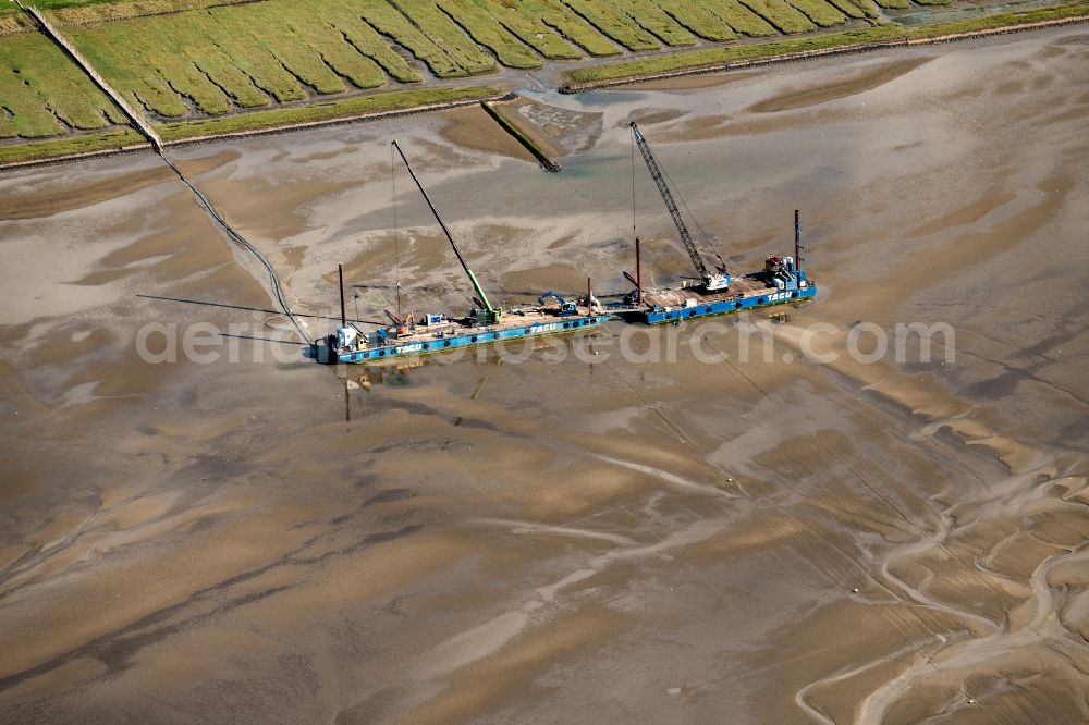 Aerial image Hagermarsch - Ship - Special ship for laying grid connection systems for offshore wind turbines Balwin1 and Balwin2 in Hagermarsch in the state Lower Saxony, Germany