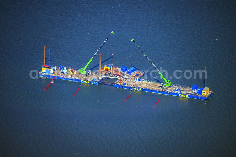 Hagermarsch from the bird's eye view: Ship - Special ship for laying grid connection systems for offshore wind turbines Balwin1 and Balwin2 in Hagermarsch in the state Lower Saxony, Germany