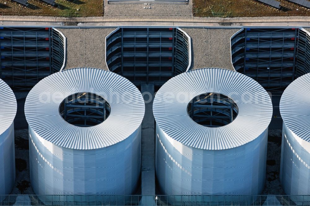 München from above - Architectural structures at the car park of the ICM -International Congress Center Munich at the fairground in Munich in Bavaria. icm-muenchen.de