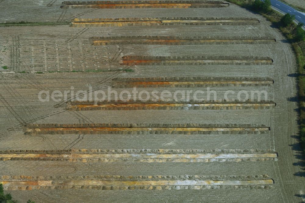 Aerial image Radeburg - Archaeological uncovering, viewing and conservation work in the upper layers of the earth on a field on street S177 in Radeburg in the state Saxony, Germany