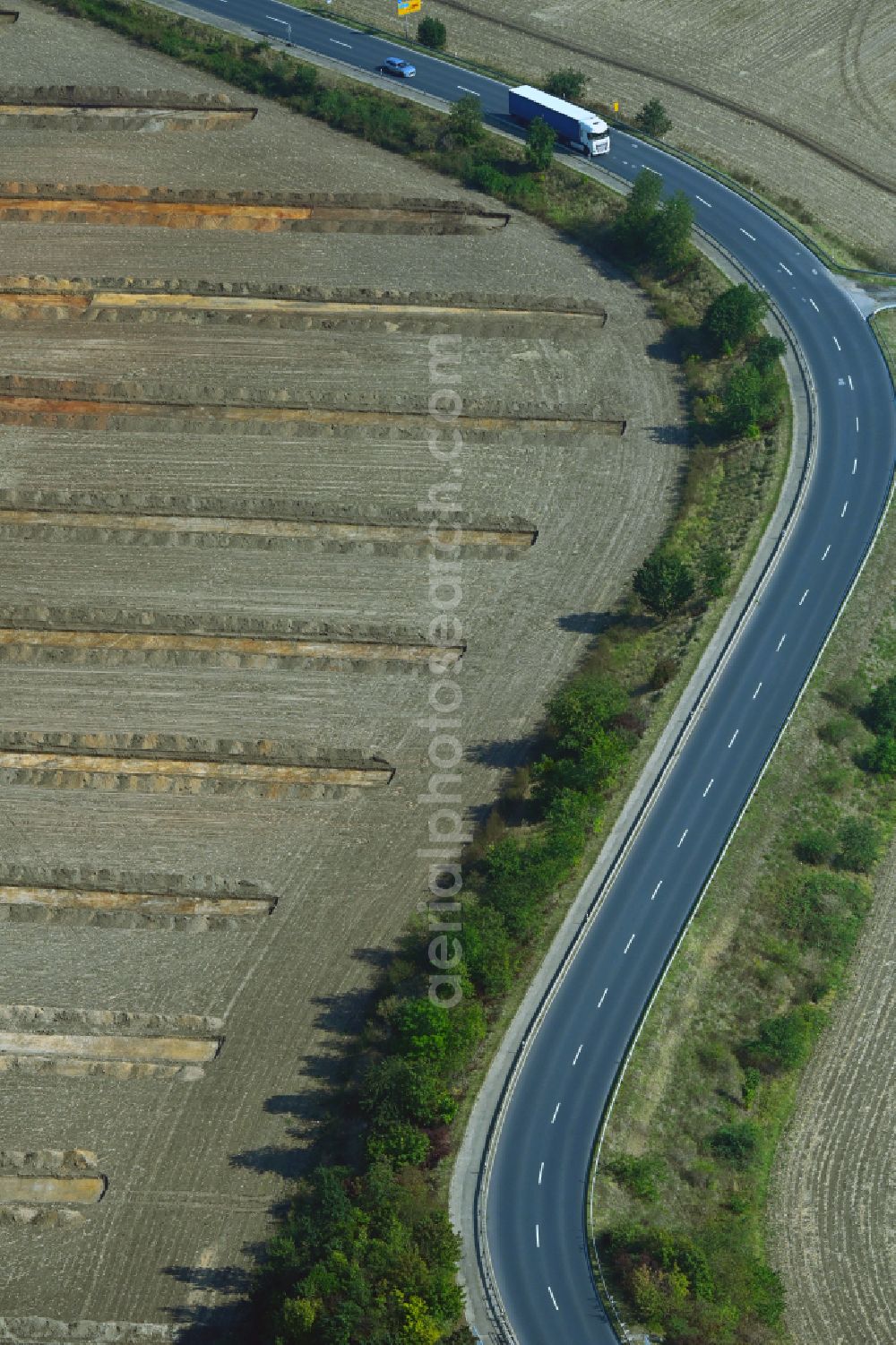 Radeburg from above - Archaeological uncovering, viewing and conservation work in the upper layers of the earth on a field on street S177 in Radeburg in the state Saxony, Germany