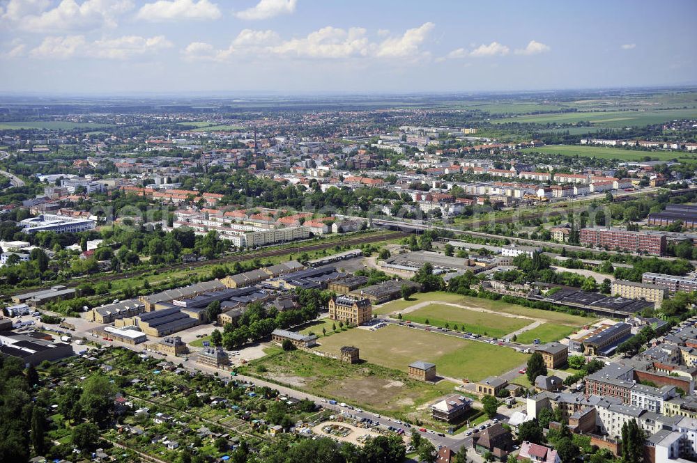 Aerial image Magdeburg - Blick auf das Areal des alten Schlachthofes. Der ehemalige Schlachthof ist heute ein durch Gewerbeansiedlungen geprägtes Gebiet mit einer Mischnutzung aus Wohn- und Gewerbeflächen. Einige der Gebäude stehen unter Denkmalschutz. View of the site of the old slaughterhouse. The former slaughterhouse today is a coined by industry to move to area with a mixed use residential and commercial space.