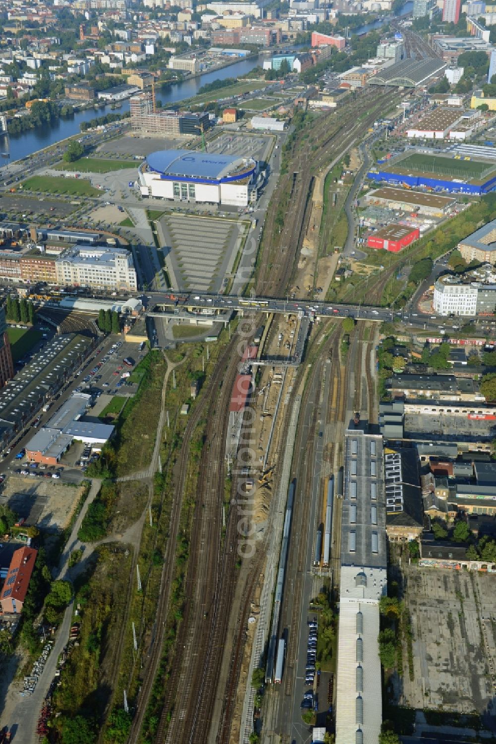 Aerial image Berlin - Area of ??the S-Bahn station Warschauer Strasse in Berlin before the planned modernization