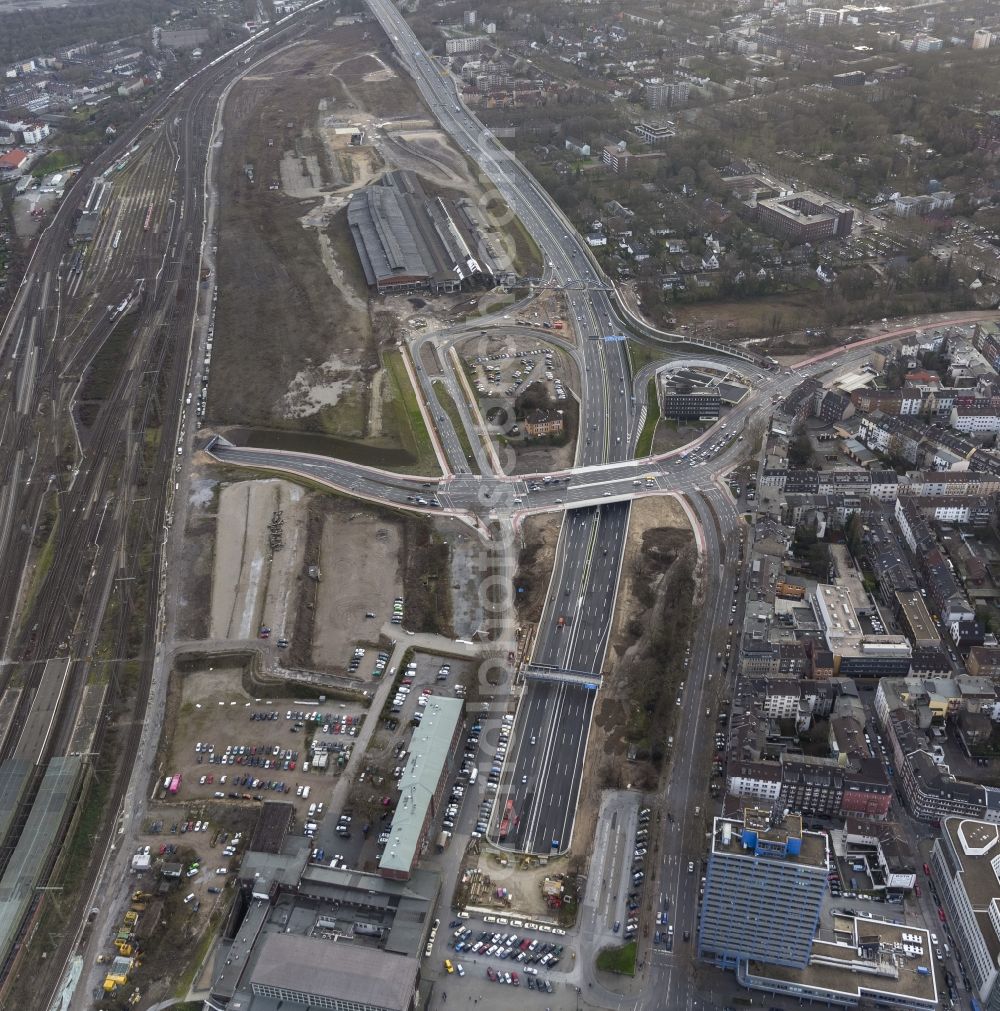 Duisburg from the bird's eye view: Area of ??the construction site A59, colony road - Mercator roundabout in Duisburg in North Rhine-Westphalia