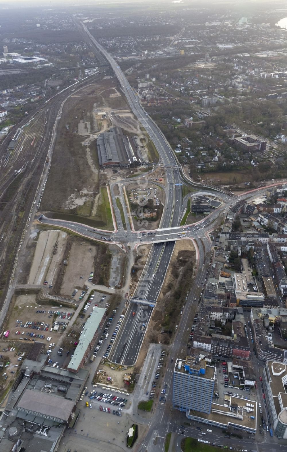 Aerial image Duisburg - Area of ??the construction site A59, colony road - Mercator roundabout in Duisburg in North Rhine-Westphalia