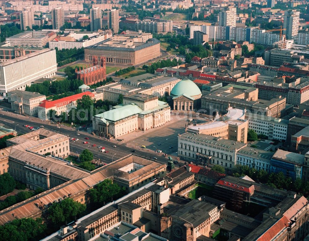 Berlin from above - Area at Bebelplatz with the Unter den Linden boulevard with the building complex of the Humboldt University and the State Opera in the Mitte district of the center of East Berlin. Left the Ministry of Foreign Affairs (MFAA), St. Hedwig's Cathedral