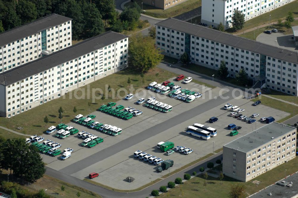 Aerial photograph Ahrensfelde - Blick auf das Areal der Bundespolizei-Fliegerstaffel Blumberg an der Neuer Schwanebecker Weg 3 in 16356 Ahrensfelde. Auf dem Gelände des Helikopterlandeplatzes am Berliner Stadtrand sind auch Maschinen der Regierungsfliegerstaffel stationiert. Am Standort erfolgt in den neu errichteten Hangars auch die Wartung und Reparatur der Flugtechnik.