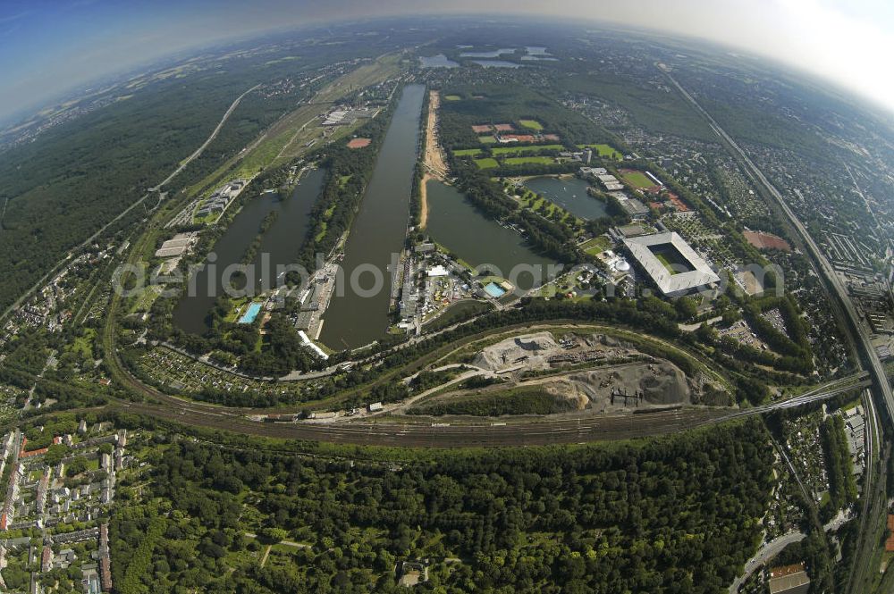 Duisburg from the bird's eye view: Fish eye - Blick auf das Areal an der MSV-Arena Wedau mit der Regattabahn und der Parallelkanal in Duisburg