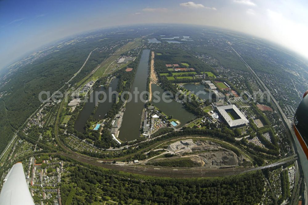 Aerial image Duisburg - Fish eye - Blick auf das Areal an der MSV-Arena Wedau mit der Regattabahn und der Parallelkanal in Duisburg