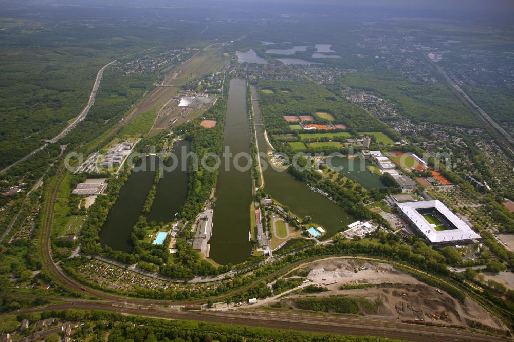 Aerial image Duisburg - Fish eye - Blick auf das Areal an der MSV-Arena Wedau mit der Regattabahn und der Parallelkanal in Duisburg