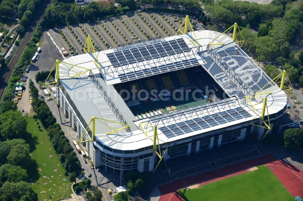 Aerial photograph Dortmund - The Stadium of Borussia Dortmund on Borusseum, the Signal Iduna Park Stadium