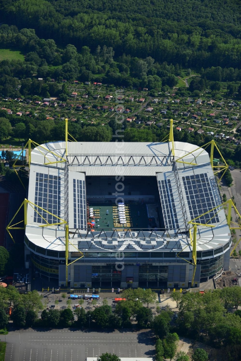 Aerial photograph Dortmund - The Stadium of Borussia Dortmund on Borusseum, the Signal Iduna Park Stadium