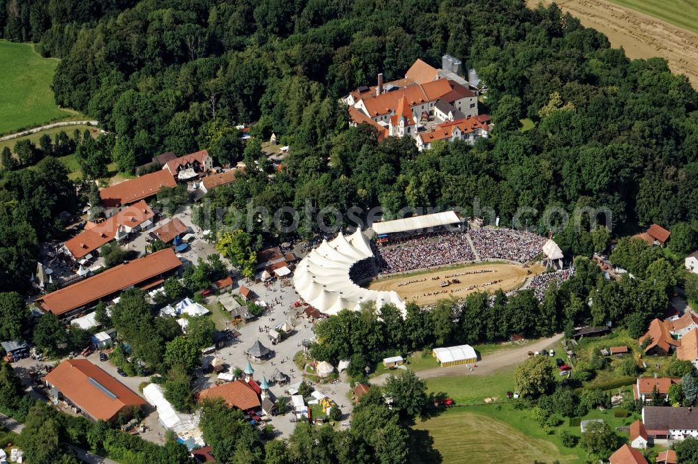 Geltendorf from the bird's eye view: Arena and medieval market of Kaltenberg Knights Tournament at Kaltenberg Castle in Geltendorf in the state Bavaria. Medieval handicrafts are presented on the market in live workshops, while mock battles take place in the arena