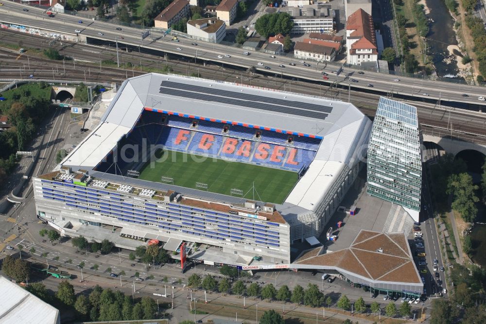 Aerial image Basel - The St. Jakob-Park (formerly St. Jakob Stadium, local Joggeli called) is part of the Sports Center St. Jakob. It is the home stadium of the football club Basel (FCB). It was created by the architects Herzog & de Meuron