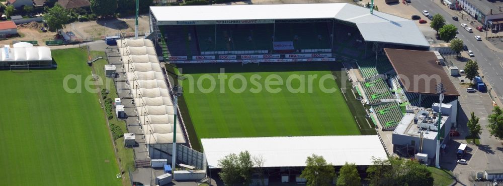 Fürth from the bird's eye view: Arena of the Stadium on Laubenweg (formerly also Trolli Arena, Playmobil Stadium) in Fuerth in Bavaria. The stadium is the home ground of the football club SpVgg Greuther Fuerth