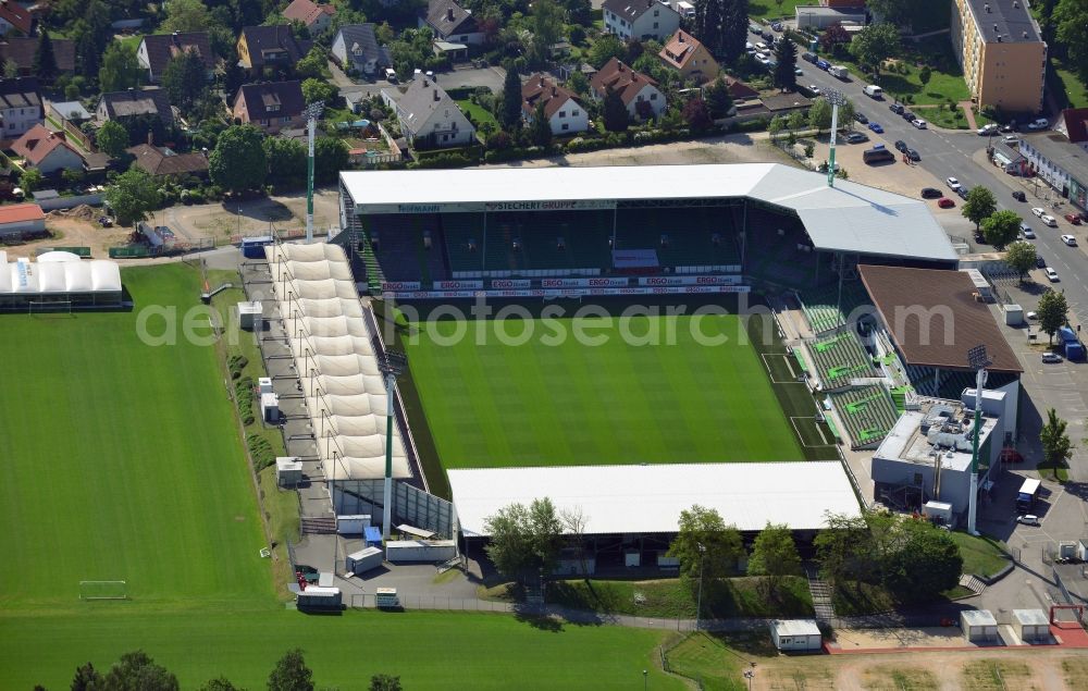 Aerial image Fürth - Arena of the Stadium on Laubenweg (formerly also Trolli Arena, Playmobil Stadium) in Fuerth in Bavaria. The stadium is the home ground of the football club SpVgg Greuther Fuerth