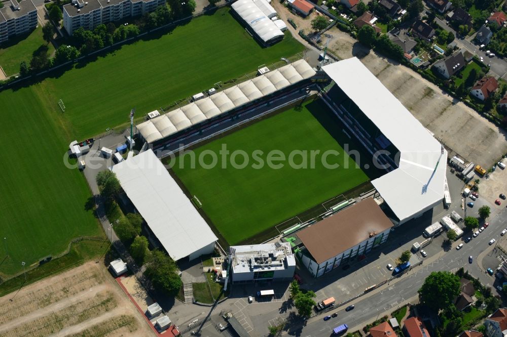 Fürth from the bird's eye view: Arena of the Stadium on Laubenweg (formerly also Trolli Arena, Playmobil Stadium) in Fuerth in Bavaria. The stadium is the home ground of the football club SpVgg Greuther Fuerth