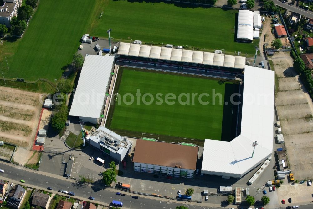 Aerial photograph Fürth - Arena of the Stadium on Laubenweg (formerly also Trolli Arena, Playmobil Stadium) in Fuerth in Bavaria. The stadium is the home ground of the football club SpVgg Greuther Fuerth