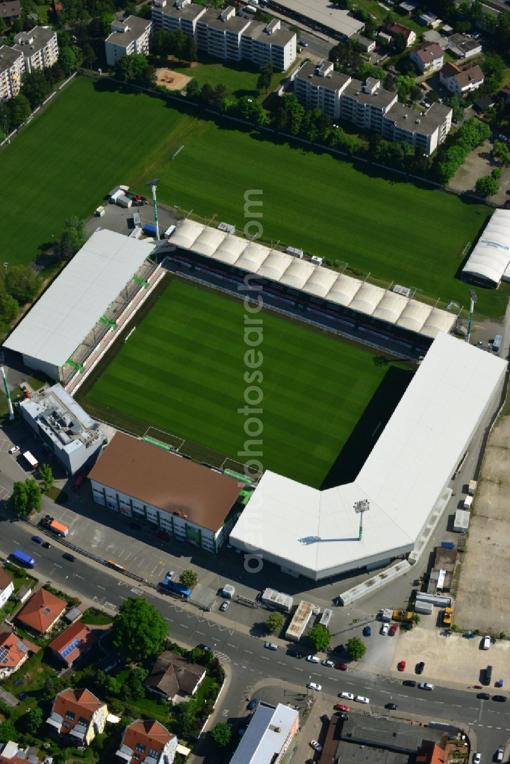 Fürth from above - Arena of the Stadium on Laubenweg (formerly also Trolli Arena, Playmobil Stadium) in Fuerth in Bavaria. The stadium is the home ground of the football club SpVgg Greuther Fuerth