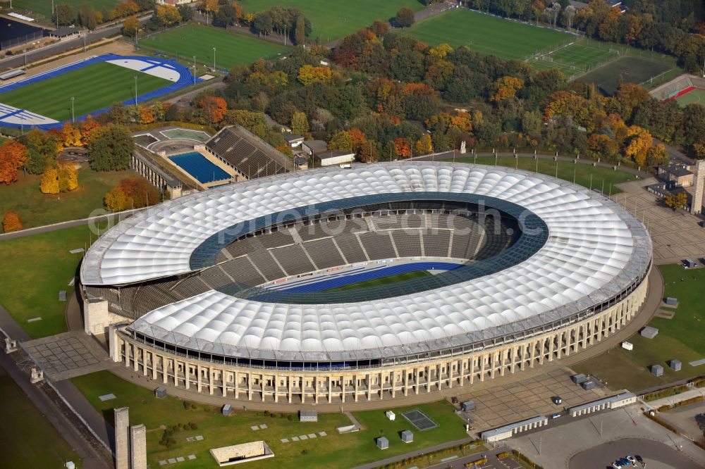 Berlin from above - Sports facility grounds of the Arena stadium Olympiastadion of Hertha BSC in Berlin in Germany