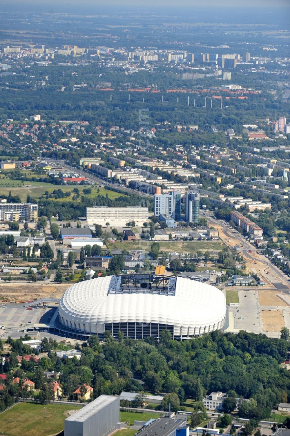 Aerial image Poznan - Sports facility grounds of the Arena stadium Stadion Miejski - INEA Stadion in the district Grunwald in Poznan - Posen in Wielkopolskie, Poland