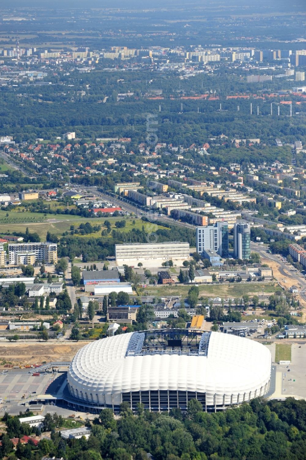 Poznan from above - Sports facility grounds of the Arena stadium Stadion Miejski - INEA Stadion in the district Grunwald in Poznan - Posen in Wielkopolskie, Poland