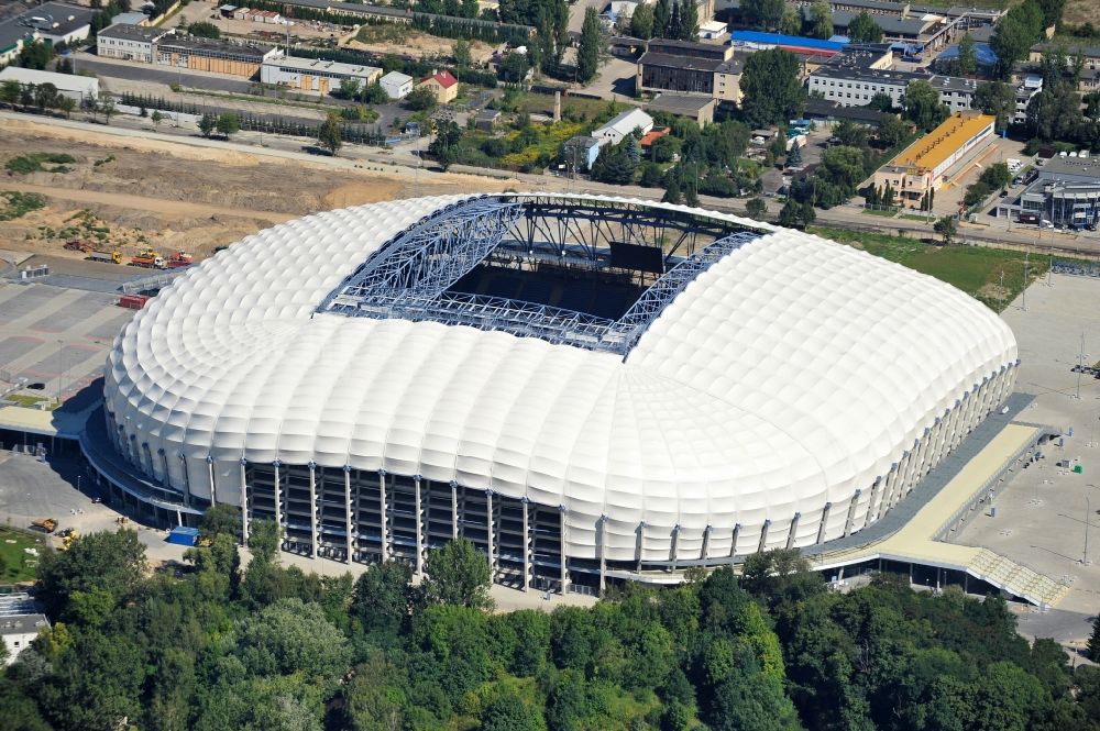 Poznan from above - Sports facility grounds of the Arena stadium Stadion Miejski - INEA Stadion in the district Grunwald in Poznan - Posen in Wielkopolskie, Poland