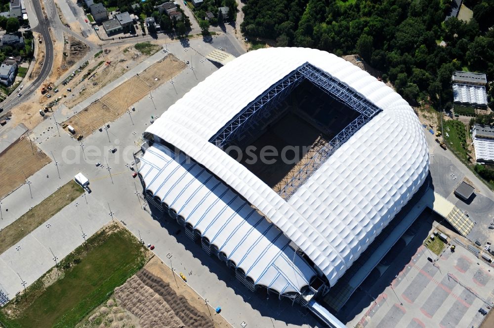 Poznan from above - Sports facility grounds of the Arena stadium Stadion Miejski - INEA Stadion in the district Grunwald in Poznan - Posen in Wielkopolskie, Poland