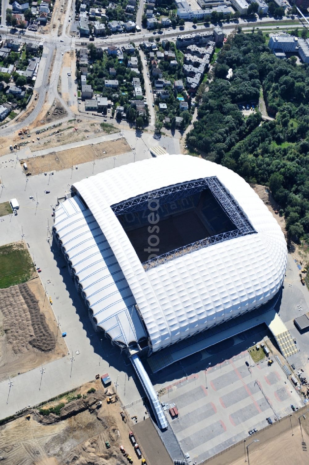 Poznan from the bird's eye view: Sports facility grounds of the Arena stadium Stadion Miejski - INEA Stadion in the district Grunwald in Poznan - Posen in Wielkopolskie, Poland