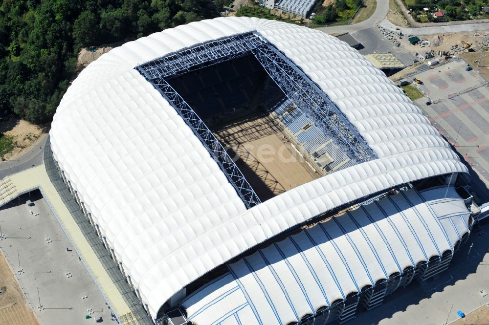 Poznan from above - Sports facility grounds of the Arena stadium Stadion Miejski - INEA Stadion in the district Grunwald in Poznan - Posen in Wielkopolskie, Poland