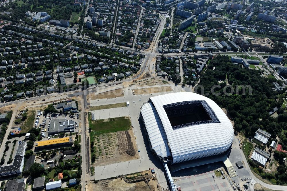 Aerial image Poznan - Sports facility grounds of the Arena stadium Stadion Miejski - INEA Stadion in the district Grunwald in Poznan - Posen in Wielkopolskie, Poland