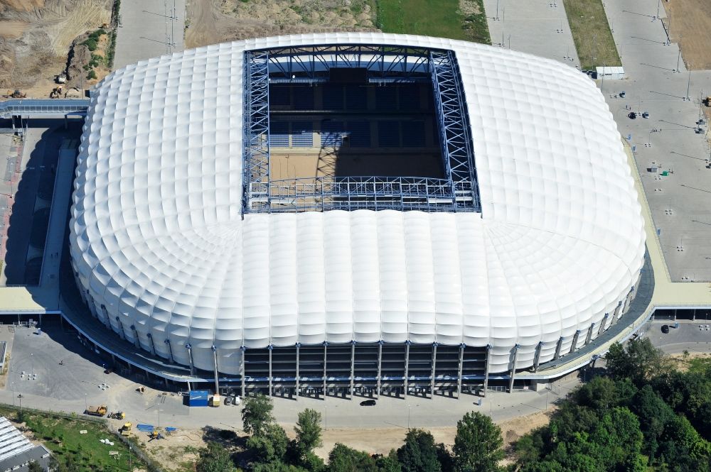 Poznan from above - Sports facility grounds of the Arena stadium Stadion Miejski - INEA Stadion in the district Grunwald in Poznan - Posen in Wielkopolskie, Poland