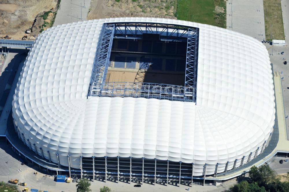 Aerial image Poznan - Sports facility grounds of the Arena stadium Stadion Miejski - INEA Stadion in the district Grunwald in Poznan - Posen in Wielkopolskie, Poland