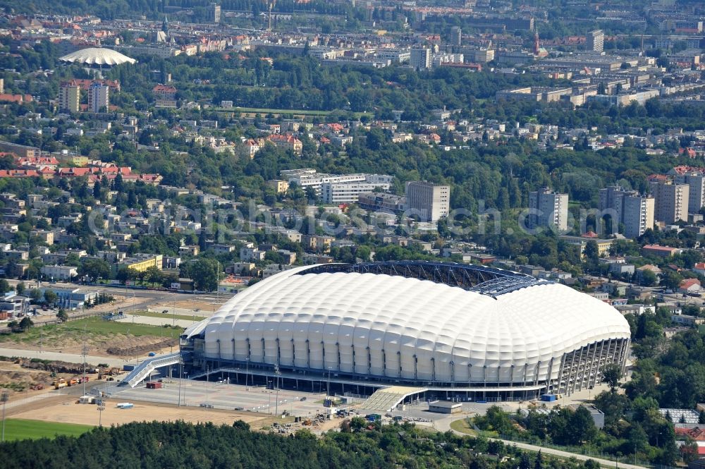 Aerial image Poznan - Sports facility grounds of the Arena stadium Stadion Miejski - INEA Stadion in the district Grunwald in Poznan - Posen in Wielkopolskie, Poland