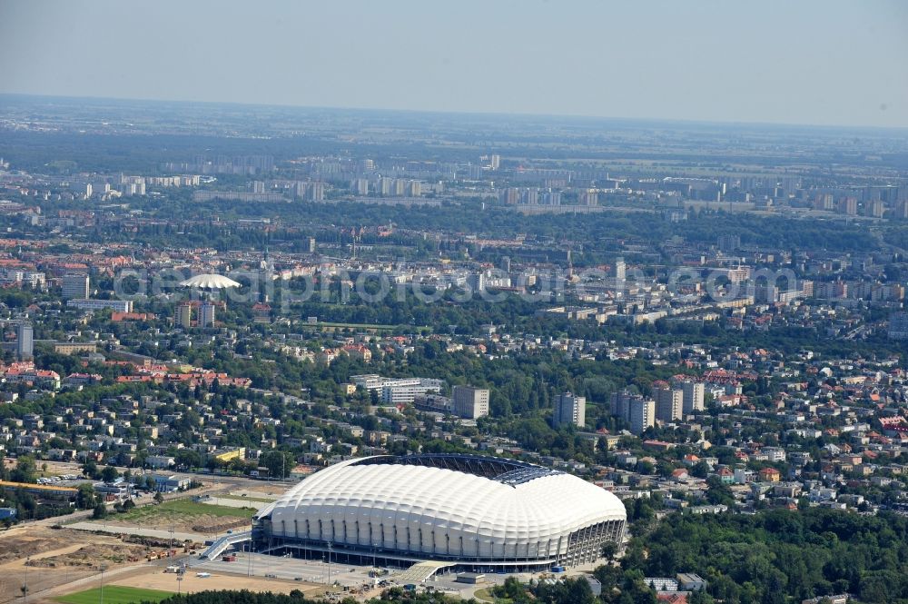 Poznan from above - Sports facility grounds of the Arena stadium Stadion Miejski - INEA Stadion in the district Grunwald in Poznan - Posen in Wielkopolskie, Poland